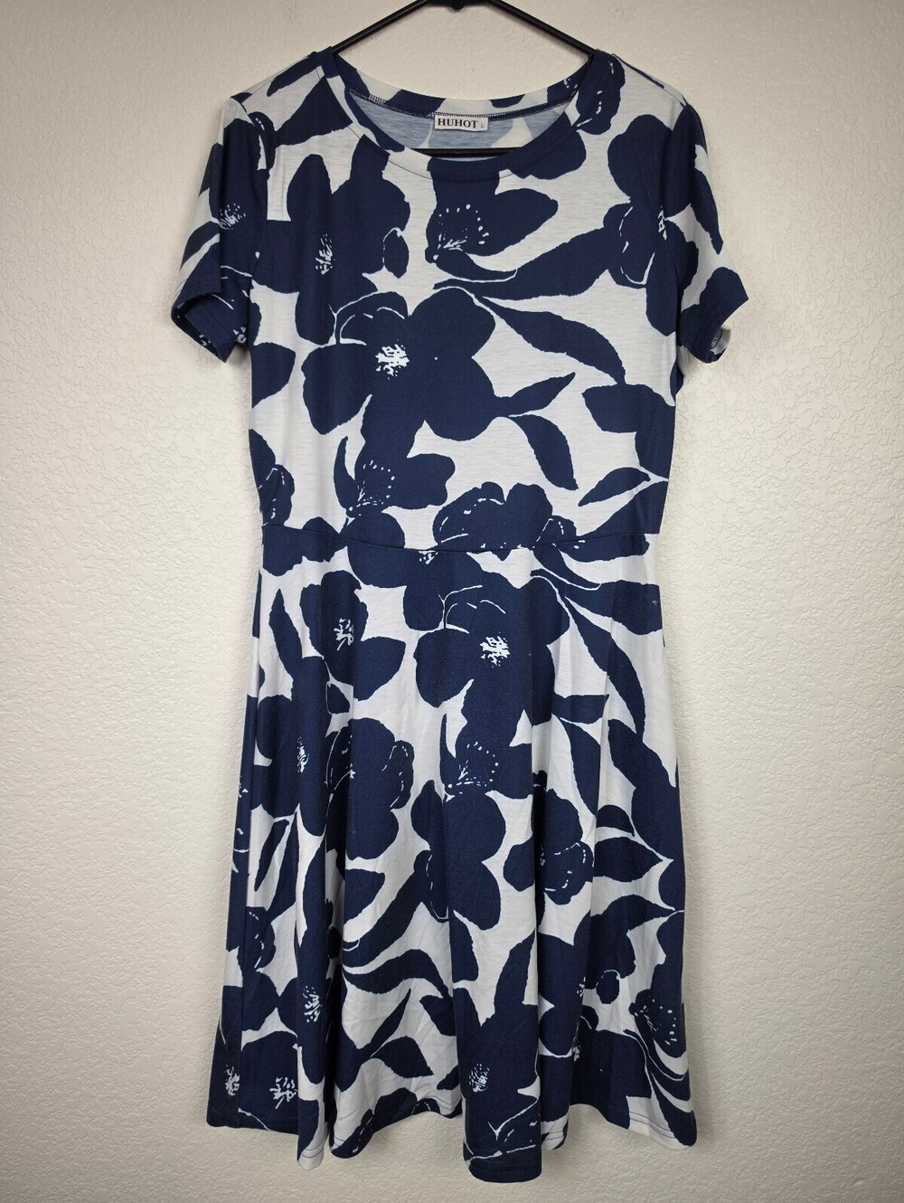 HUHOT Women's Navy White Floral Short Sleeve Dress Large